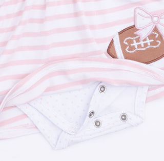 Angel Dear Long Sleeve Tennis Bodysuit Dress - Football Dot and Stripe
Baby romper with pink and white stripes and a football design on a white background