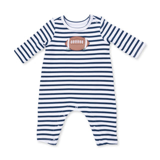 Angel Dear Long Snap Shoulder Romper - Football Navy Navy and white striped baby romper with football design on a white background