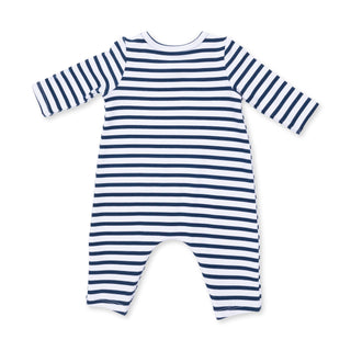 Angel Dear Long Snap Shoulder Romper - Football Navy 
Navy and white striped baby romper on a white background