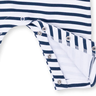 Angel Dear Long Snap Shoulder Romper - Football Navy
Navy and white striped fabric with metal buttons on a white background