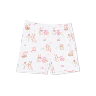 Angel Dear Loungewear Short Set - Easter Egg Hunt Pink
White shorts with colorful bunny and tulip pattern on a white background