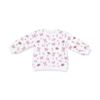 Angel Dear Oversized Sweatshirt and Baby Bells - Footballs and Bows
White long-sleeve shirt with pink floral pattern on a white background