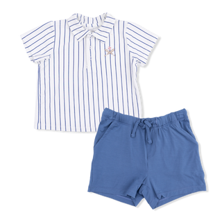 Angel Dear Polo Shirt & Everyday Short Set - Baseball Stripe
Striped shirt and blue shorts set on a white background