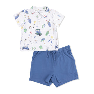 Angel Dear Polo Shirt & Short Set - Golf Things
Children's outfit with a patterned shirt and blue shorts on a white background