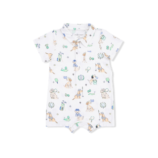 Angel Dear Polo Shortie - Country Club Dogs
Baby romper with dog pattern on a white background