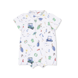 Angel Dear Polo Shortie - Golf Things
Baby romper with golf-themed pattern on a white background