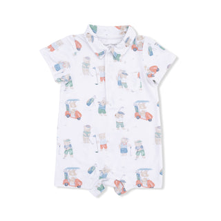Angel Dear Polo Shortie - Golfing Teddy Bears
Baby romper with teddy bear and car pattern on a white background