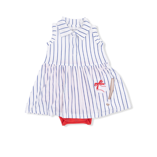 Angel Dear Polo Tennis Dress - Baseball Stripe
White dress with black stripes and red accents on a black background