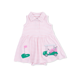 Angel Dear Polo Tennis Dress - Striped Golf
Pink and white striped romper with golf-themed design on a white background