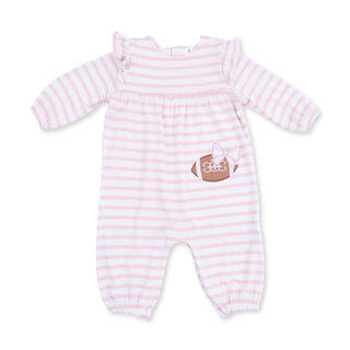Angel Dear Ruffle Sleeve Snap Romper - Football Dot and Stripe
Pink and white striped baby romper with a small design on a white background