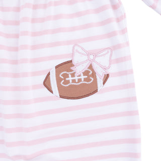 Angel Dear Ruffle Sleeve Snap Romper - Football Dot and Stripe
Pink and white striped fabric with a football and bow design.