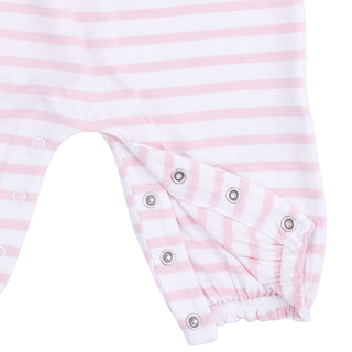 Angel Dear Ruffle Sleeve Snap Romper - Football Dot and Stripe
Pink and white striped baby romper with buttons on a white background