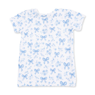 Angel Dear Short Sleeve Loungewear Set - Blue Bows and Flowers 
White baby dress with blue bow pattern on a white background