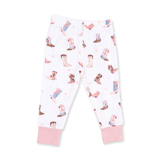 Angel Dear Short Sleeve Loungewear Set - Buckarette Boots
White children's pajama pants with an all-over cowboy boot print in pink, brown, and blue, featuring solid pink ribbed ankle cuffs.