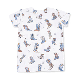 Angel Dear Short Sleeve Loungewear Set - Buckaroo Boots
White t-shirt with blue and brown cowboy boot pattern on a white background