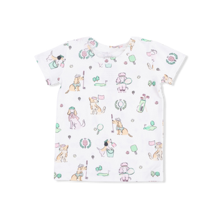 Angel Dear Short Sleeve Loungewear Set - Country Club Dogs Pink
White t-shirt with colorful dog-themed pattern on a white background