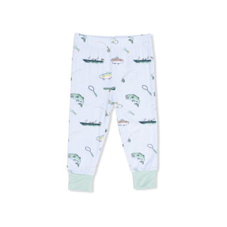 Angel Dear short sleeve pajama set featuring fishing print, comfortable loungewear for relaxation or sleep.