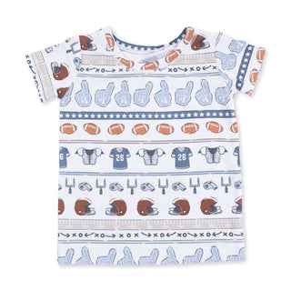 Angel Dear Short Sleeve Loungewear Set - Football Stripe
Children's t-shirt with sports-themed pattern on a white background