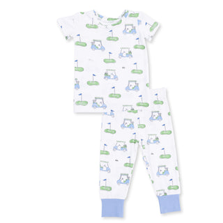 Angel Dear Short Sleeve Loungewear Set - Golf Carts Blue 
Children's pajama set with golf-themed design on a white background