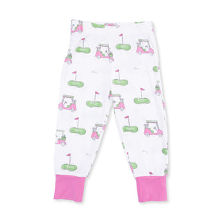 Angel Dear Short Sleeve Loungewear Set - Golf Carts Pink 
Children's leggings with golf-themed pattern on a white background