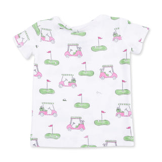 Angel Dear Short Sleeve Loungewear Set - Golf Carts Pink
Children's t-shirt with pink and green golf-themed design on a white background