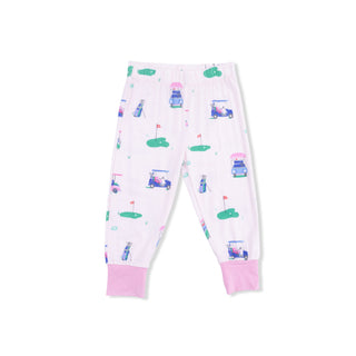 Angel Dear short sleeve pajama set featuring vintage golf carts pattern in pink, cozy loungewear for relaxing nights.