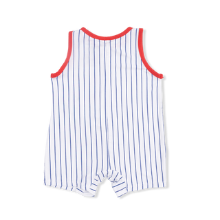 Angel Dear Sleeveless Shortie Romper - Baseball Stripe
Striped romper with red trim on a white background