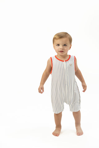 Angel Dear Sleeveless Shortie Romper - Baseball Stripe
Child wearing a striped romper with red trim on a white background