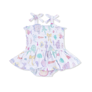 Angel Dear Smocked Bubble with Skirt - Beach Days
Baby romper with colorful patterns on a white background