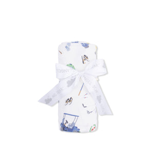 Angel Dear Swaddle Blanket - Golf Things
White baby outfit with blue patterns on a white background