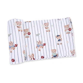 Angel Dear Swaddle Blanket - Mixed Sports Bears
A folded baby blanket or swaddle featuring a white background with thin navy vertical pinstripes and a playful print of teddy bears in various sports outfits, along with small sports balls and sports hats.