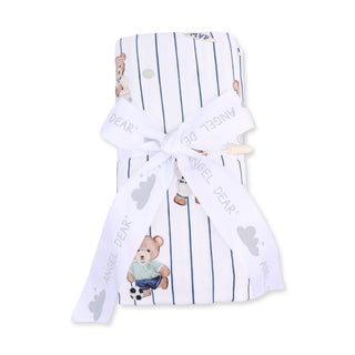 A folded white baby blanket with navy blue vertical pinstripes and teddy bear illustrations, tied with a white ribbon printed with the brand name 'Angel Dear'.