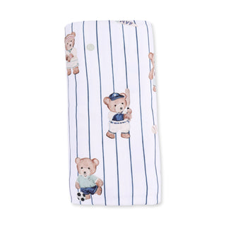 Angel Dear Swaddle Blanket - Mixed Sports Bears
A rectangular baby blanket or swaddle with a white background, featuring vertical navy blue pinstripes and a pattern of cute teddy bears in baseball and soccer outfits.