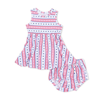 Angel Dear Tank Dress with Bloomers - Stars and Stripes
Baby dress and bloomers with red, white, and blue pattern on a white background