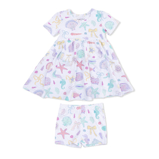 Angel Dear Twirly Dress with Cartwheel Short - Beach Days
Children's dress and shorts set with sea-themed pattern on a white background