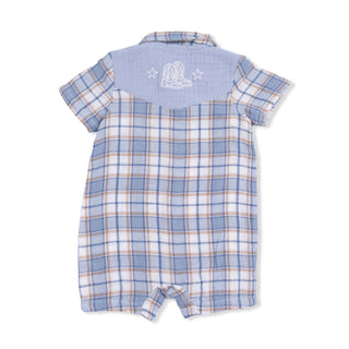 Angel Dear Western Pearl Snap Shortie romper with Western boot plaid pattern, featuring pearl snap buttons and soft fabric.