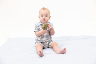 Angel Dear Western Pearl Snap Shortie romper with Western boot plaid pattern, featuring pearl snap buttons and cozy fabric.