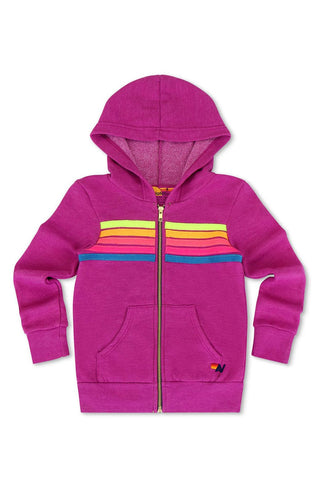 Aviator Nation 5 Stripe Kids Hoodie - Magenta/Yellow Blue
Pink hoodie with colorful stripe design on a white background