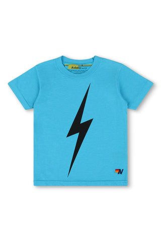 Aviator Nation Kids Bolt Tee - Neon Blue
Blue t-shirt with a black lightning bolt design on a white background
