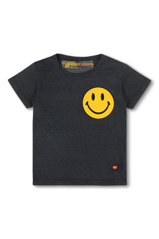 Charcoal Aviator Nation Kids Smiley 2 T-Shirt with colorful smiley graphic on the front, soft cotton fabric, and casual fit.