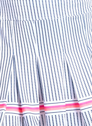Lucky In Love girls' white pinstripe pop skirt with a fitted waist and flared hem, perfect for casual or dressy occasions.