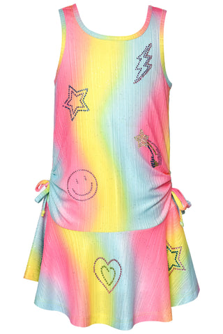Baby Sara Drop Waist Rainbow Stripe Dress w/Rhinestone Detail