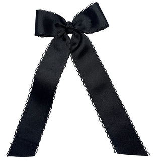 Black Wee Ones Medium Moonstitch Grosgrain Streamer Hair Bow on Clippie
Black bow with lace trim on a white background