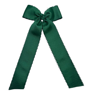 Forest Green Wee Ones Medium Moonstitch Grosgrain Streamer Hair Bow on Clippie
Green bow with long ribbons on a white background
