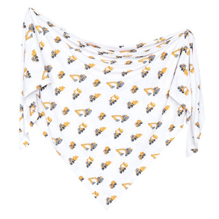 Copper Pearl Bamboo Swaddle Blanket - Dozer
A white triangular baby scarf or bandana featuring an all-over print of yellow and gray construction excavators, displayed against a solid white background.