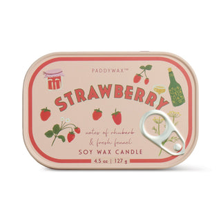 Paddywax Bistro Tin 4.5 oz Strawberry Candle with a metal tin container and fresh strawberry scent.