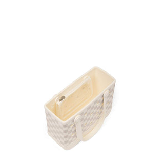 Bitty Bogg® Bag - Checkered: Coconut / Mushroom
A cream-colored woven tote bag with a subtle checkered pattern and a matching handle, shown from an elevated angle on a solid white background.