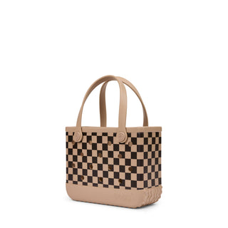 Bitty Bogg® Bag - Checkered: Camel / Hot Cocoa
A structured tote bag featuring a beige and black checkerboard pattern with solid beige handles and base, shown on a clean white background.
