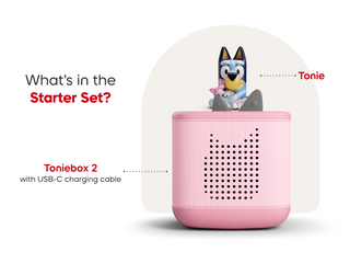 Bluey Toniebox 2 starter set in cloud pink with colorful plush toys and accessories, perfect for children's audio storytelling.
