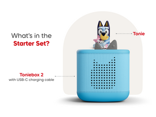 Bluey Toniebox 2 Starter Set in sky blue, featuring a compact, child-friendly audio toy from Tonies with colorful design.